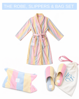 Robe, slippers, make up bag pastel striped bundle gift set