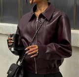Burgundy Collar faux leather Jacket