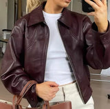 Burgundy Collar faux leather Jacket