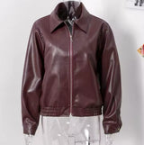 Burgundy Collar faux leather Jacket