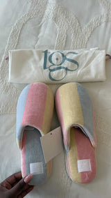 Pastel striped soft flump slippers with bag