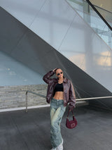 Burgundy Collar faux leather Jacket