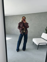 Burgundy Collar faux leather Jacket