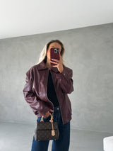 Burgundy Collar faux leather Jacket