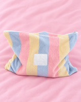 Large pastel striped Make up wash bag clutch with white zip