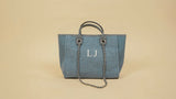 blue canvas tote bag with chain
