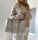 Canvas Tote Bag with Chain Greige